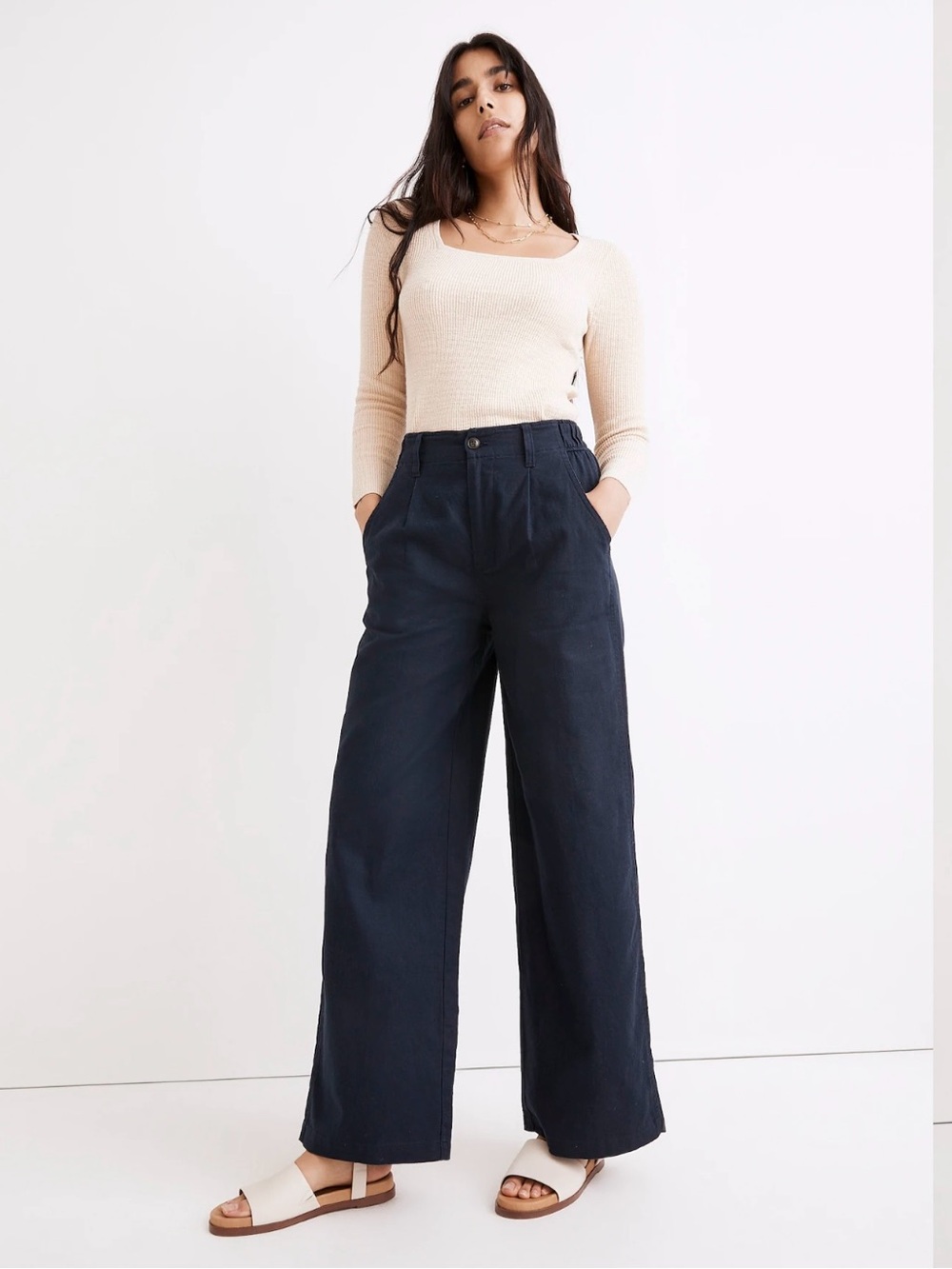 👖Madewell Petite Cotton-Linen Pleated Wide-Leg Pants - Size 4P